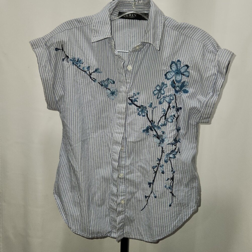 Blue & white Short sleeve striped floral blue cherry blossom embroidery top
